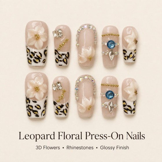 Leopard French 3D White Flower Press‑On Nails, Nude Base Medium‑Long T‑Shape False Nails with Blue Gem & Gold Beads
